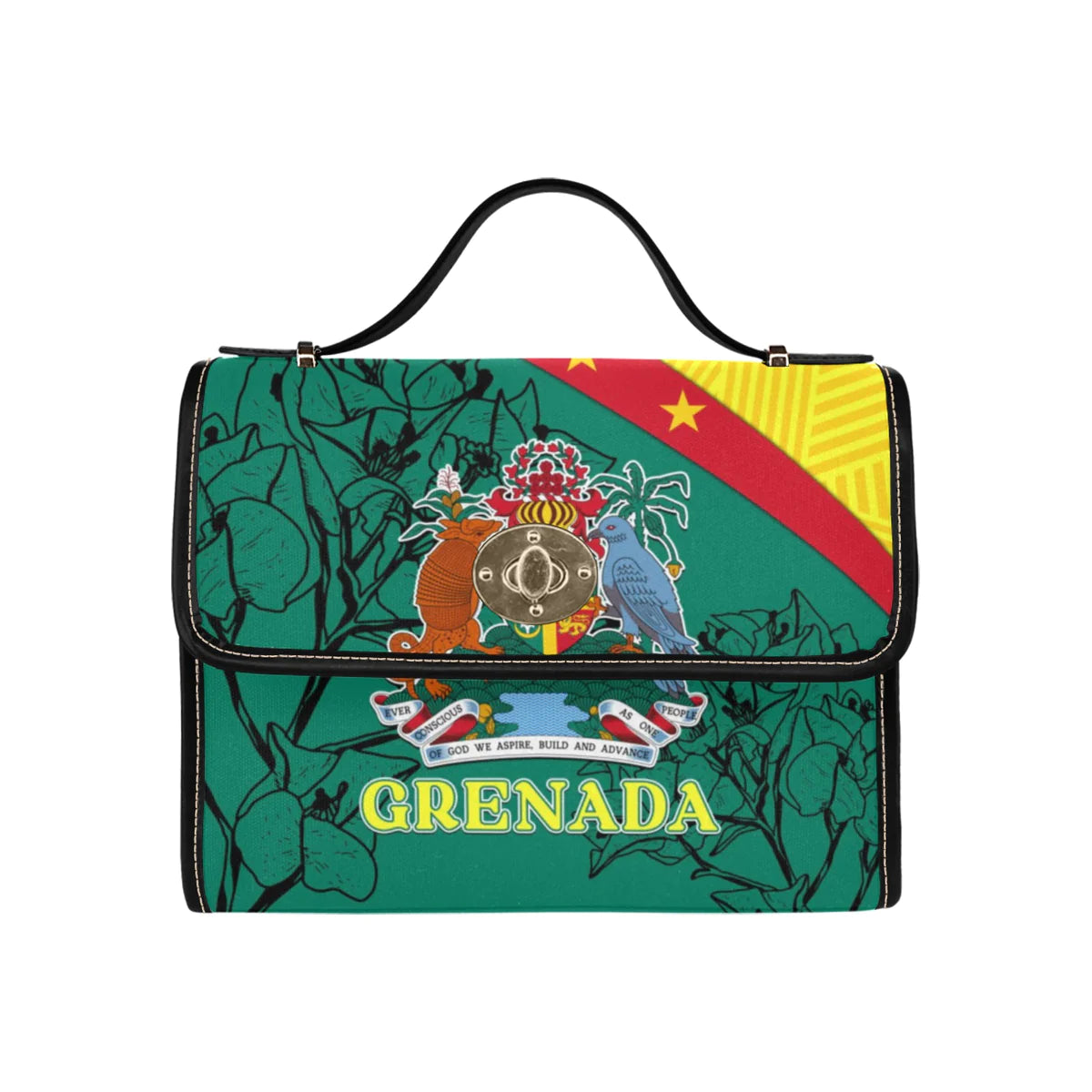 Grenada Canvas Bag with Leather Shoulder Strap Coat Of Arms With Bougainvillea Flowers LT7