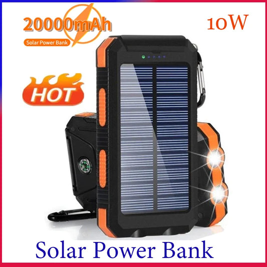 New 200000mAh Solar Power Bank Outdoor Portable Charger Powerbank Waterproof External Battery Dual USB Charging with LED Light