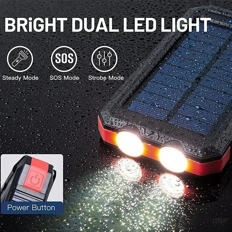 New 200000mAh Solar Power Bank Outdoor Portable Charger Powerbank Waterproof External Battery Dual USB Charging with LED Light