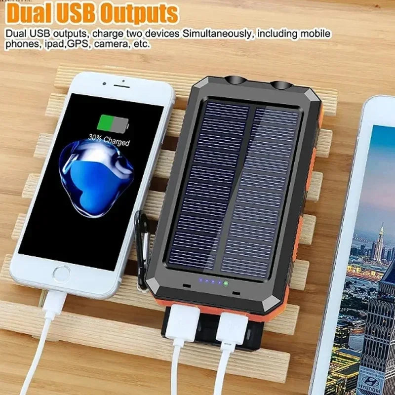 New 200000mAh Solar Power Bank Outdoor Portable Charger Powerbank Waterproof External Battery Dual USB Charging with LED Light