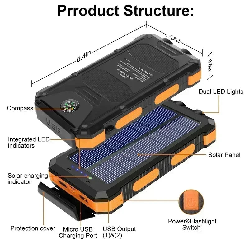 New 200000mAh Solar Power Bank Outdoor Portable Charger Powerbank Waterproof External Battery Dual USB Charging with LED Light