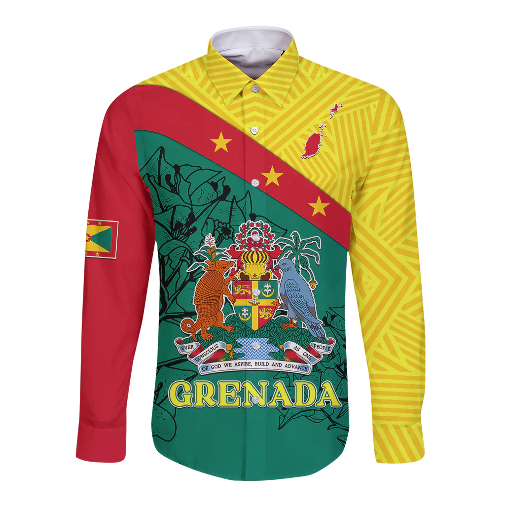 Custom Grenada Long Sleeve Button Shirt Coat Of Arms With Bougainvillea Flowers TS06