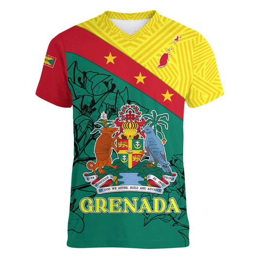 Custom Grenada Women V Neck T Shirt Coat Of Arms With Bougainvillea Flowers TS06