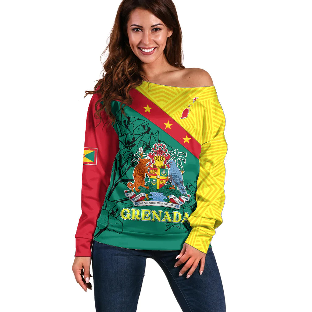 Grenada Off Shoulder Sweater Coat Of Arms With Bougainvillea Flowers TS06