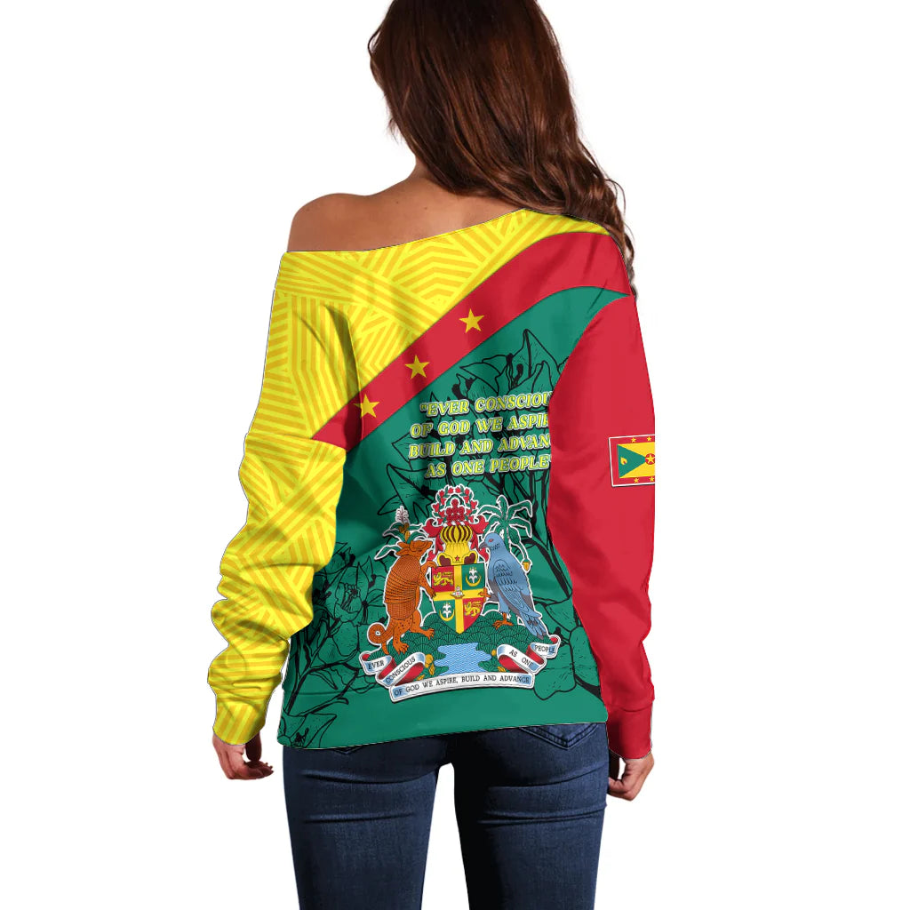 Grenada Off Shoulder Sweater Coat Of Arms With Bougainvillea Flowers TS06