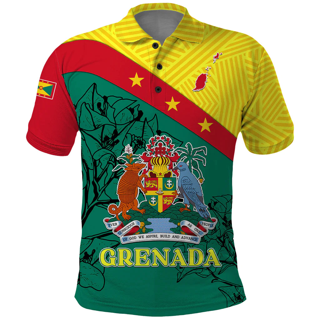 Grenada Polo Shirt Coat Of Arms With Bougainvillea Flowers TS06