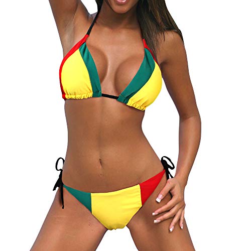 VOARYISA Women's Fashion Caribbean Rasta African Grassland Yellow Red Green Bikini Swimsuit Swimwear (4-6)