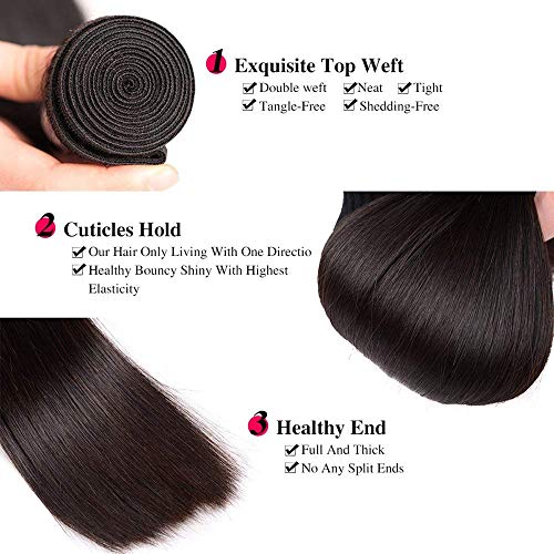 Straight Hair Bundles Human Hair 10A Grade Virgin Brazilian Straight Human Hair Bundles 100% Unprocessed Virgin Remy Hair Weave 3 Bundles Natural Black (20 22 24,300g)