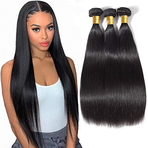 Straight Hair Bundles Human Hair 10A Grade Virgin Brazilian Straight Human Hair Bundles 100% Unprocessed Virgin Remy Hair Weave 3 Bundles Natural Black (20 22 24,300g)