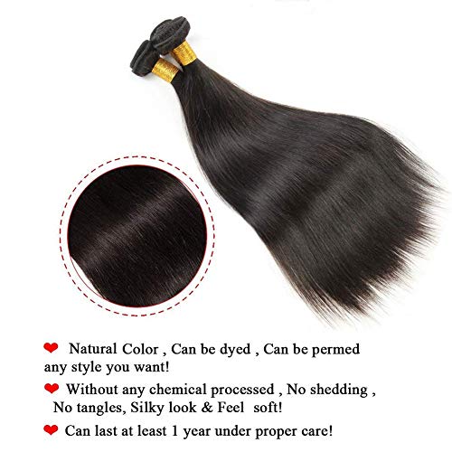 Straight Hair Bundles Human Hair 10A Grade Virgin Brazilian Straight Human Hair Bundles 100% Unprocessed Virgin Remy Hair Weave 3 Bundles Natural Black (20 22 24,300g)