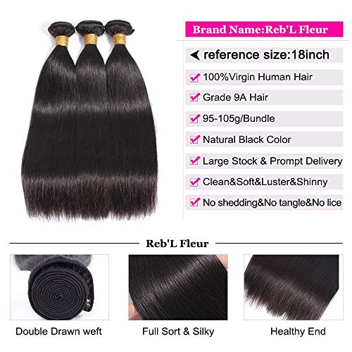 Straight Hair Bundles Human Hair 10A Grade Virgin Brazilian Straight Human Hair Bundles 100% Unprocessed Virgin Remy Hair Weave 3 Bundles Natural Black (20 22 24,300g)