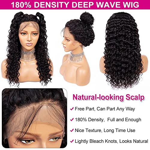 Pizazz 13x4 Human Hair Lace Front Wigs for Black Women Glueless 180 Density HD Transparent Deep Wave Frontal wig with Baby Hair Pre Plucked Bleached Knots(14 Inch, Black color)