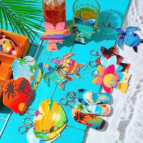 36 Pcs Beach Favors Keychain Gifts Set Wooden Bulk Surfboard Keychains Sea Turtle