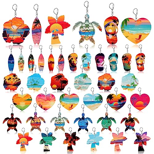 36 Pcs Beach Favors Keychain Gifts Set Wooden Bulk Surfboard Keychains Sea Turtle